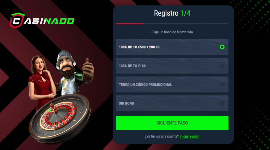 Select your welcome bonus: 100% up to €500 + 200 free spins (Casino) or 100% up to €100 (Sports). Option to enter promo code or register without bonus